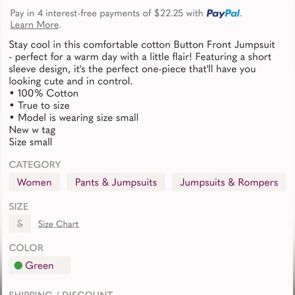 NWT Bobi Los Angeles short sleeve button front jogger jumpsuit, green - Picture 5 of 5